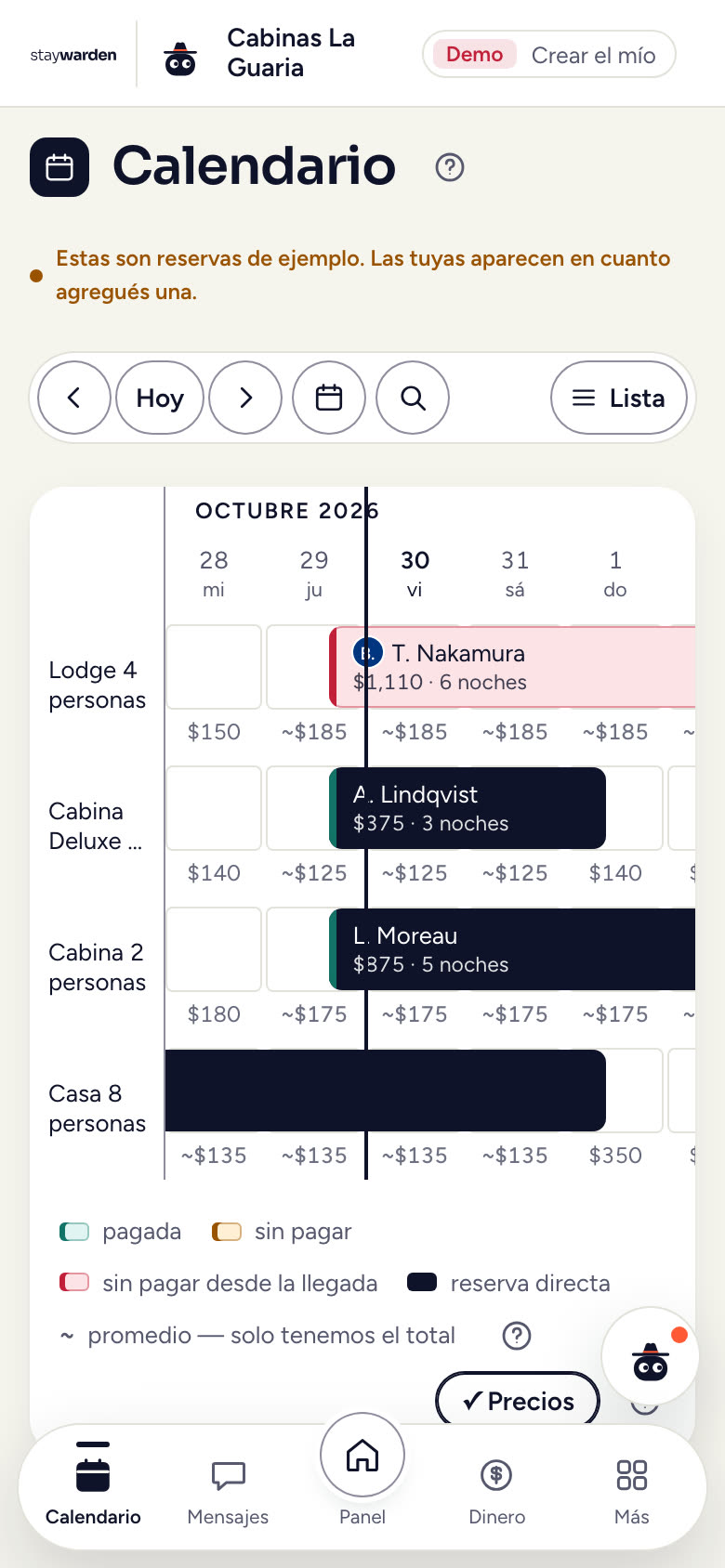 El calendario de Staywarden con el lodge de ejemplo inventado Cabinas La Guaria: una fila por tipo de habitación, cada reserva a lo largo de sus noches y el precio debajo de cada noche.